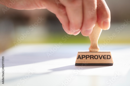 Businessman stamping approved stamp on document in meeting