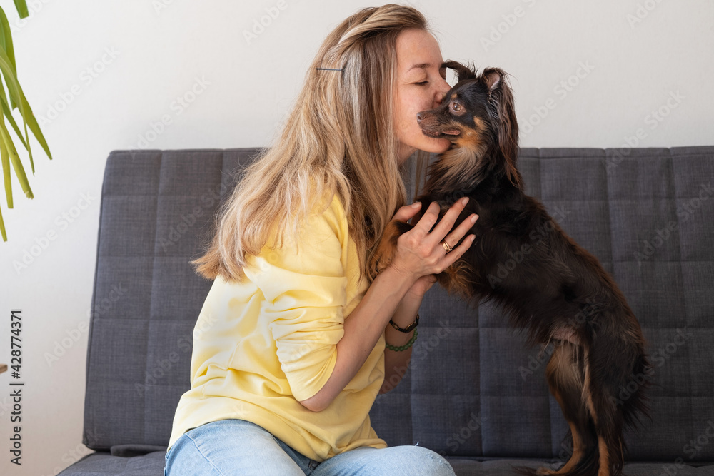 Obraz premium Happy blonde woman kiss embrace funny brown russian toy terrier 