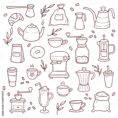 Hand drawn set of different types coffee cup, mug, pot, coffee machine. Doodle sketch style. Isolated vector illustration for coffee shop, cafe, restaurant menu, icon, background.