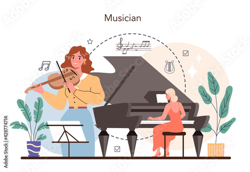 Musician concept. Music artist playing instruments. Young performer
