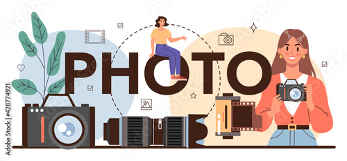 Photo typographic header. Professional photographer with camera