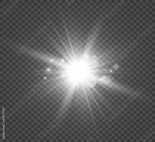 Special lens flash  light effect. The flash flashes rays and searchlight. illust.White glowing light. Beautiful star Light from the rays. The sun is backlit. Bright beautiful star. Sunlight. Glare. 