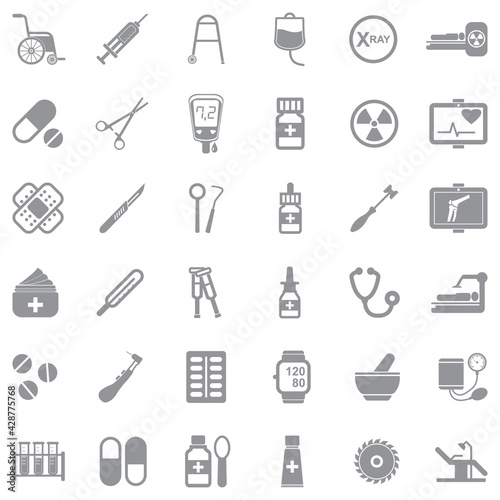 Medicine And Medical Devices. Gray Flat Design. Vector Illustration.