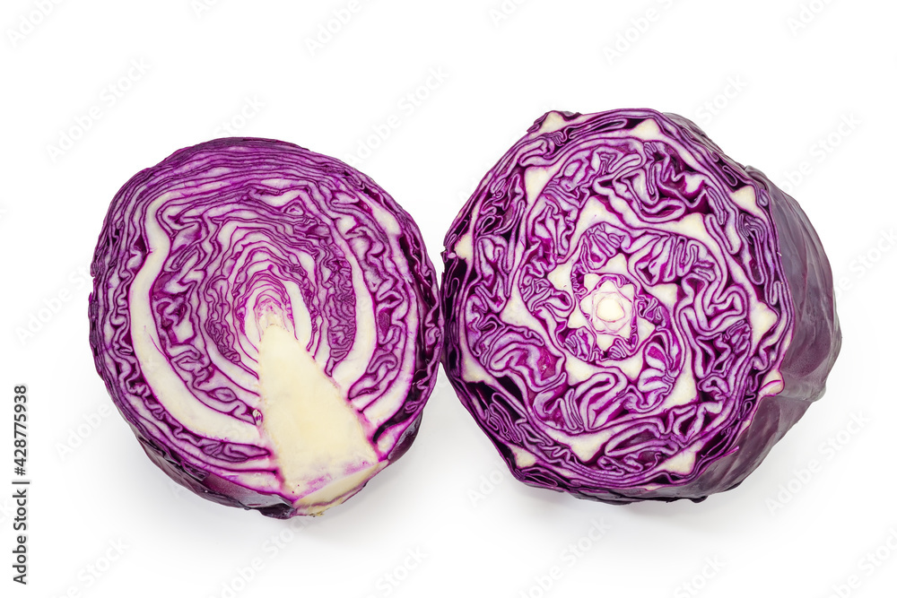 Two halves of red cabbage cut along and cut across Two halves of red cabbage cut along and cut across