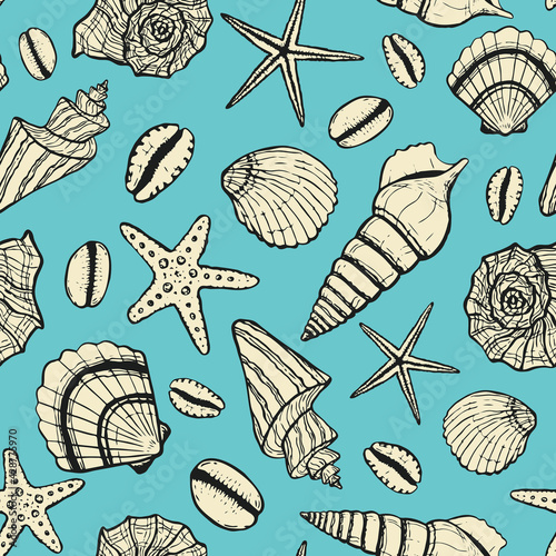 marine seamless pattern with seashell. summer time, sea, underwater, sea shells