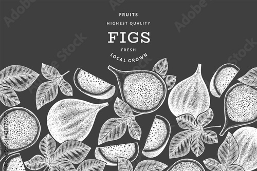 Hand drawn fig fruits design template. Organic fresh food vector illustration on chalk board. Retro fig fruit banner.