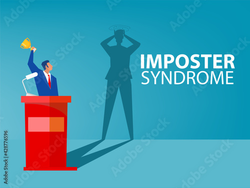 Imposter syndrome.man standing for her present profile with fear shadow behind. Anxiety and lack of self confidence at work; the person fakes is someone else concept