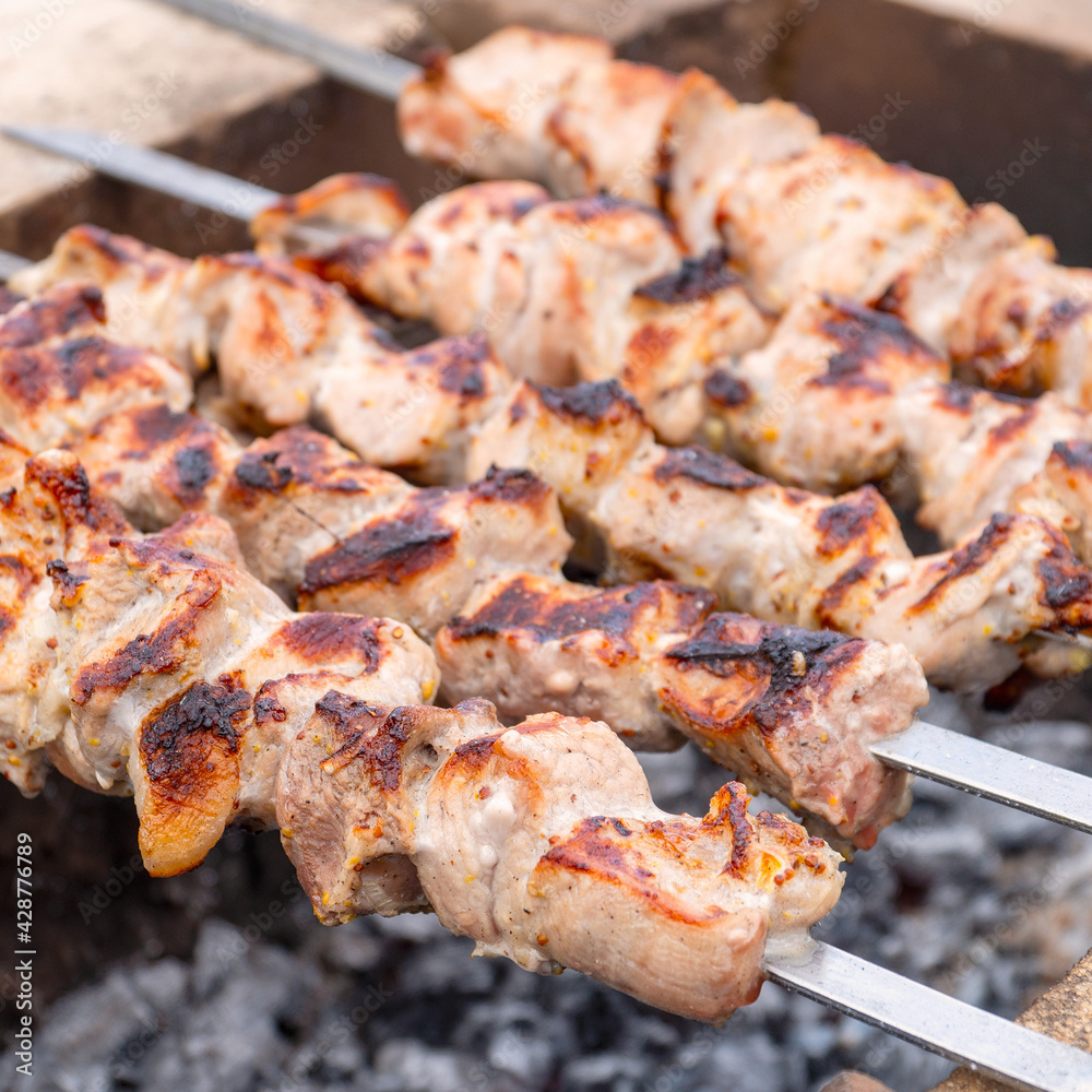 Roasted meat cooked at barbecue and skewers during picnic