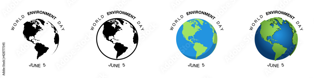 World Environment Day. June 5. Earth Globe in different designs. World Map in circle. Earth Globes collection. World Map in modern simple styles. Earth Map, isolated. Vector illustration