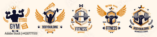 Fitness sport emblems logos or posters with barbells dumbbells kettlebells and muscle man silhouettes vector set, athletic workout active lifestyle theme, sport club or competition awards.