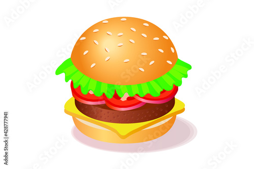 hamburger illustration, burger illustration with meat, tomatos and cheese