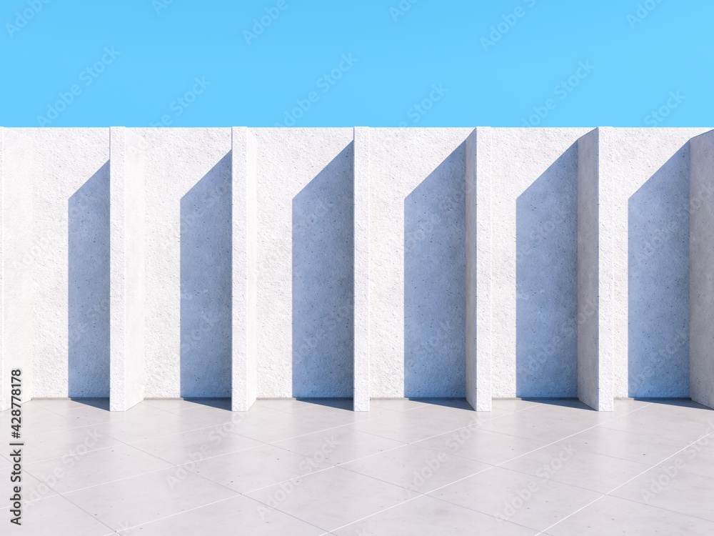 Abstract architectural backdrop - 3D, render. Bright details of the facade of modern building on blue sky background with copy space. Modern minimal illustration of rhythmic objects with sun shadow. Abstract architectural backdrop - 3D, render. Bright details of the facade of modern building on blue sky background with copy space. Modern minimal illustration of rhythmic objects with sun shadow.