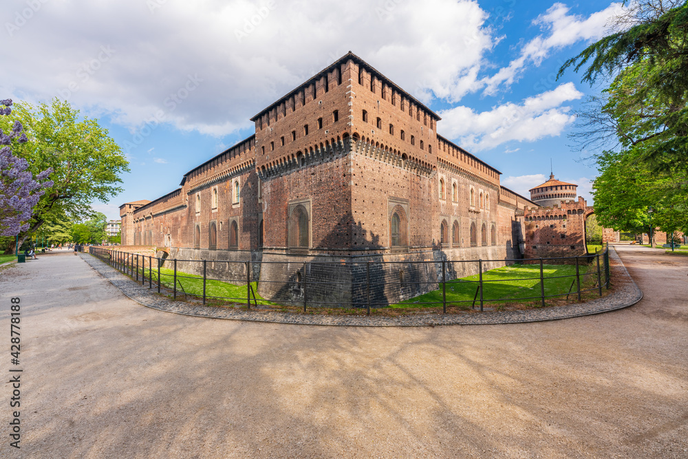 Wonderful panoramic of old medieval Sforza castle,sunny day and clouds, Milan,Italy.