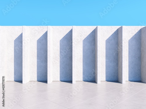 Abstract architectural backdrop - 3D, render. Bright details of the facade of modern building on blue sky background with copy space. Modern minimal illustration of rhythmic objects with sun shadow.