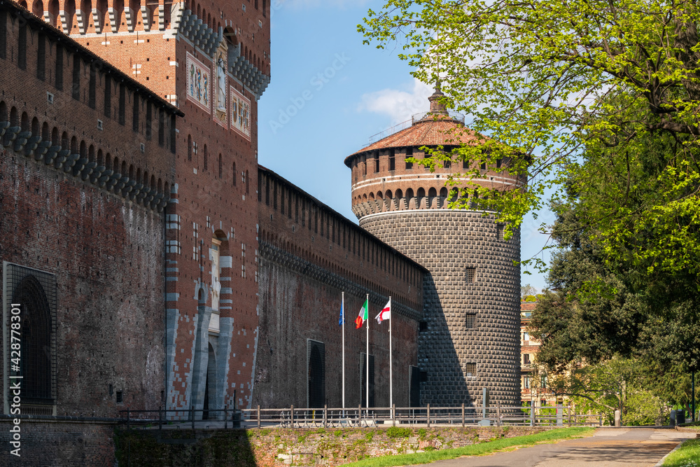 Main entrance to the Sforza Castle - Castello Sforzesco  sunny day, Milan, Italy