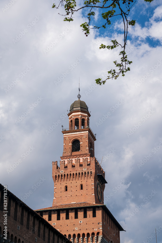 Old medieval Sforza Castle ,details of tower in the main entrance, Milan, Italy