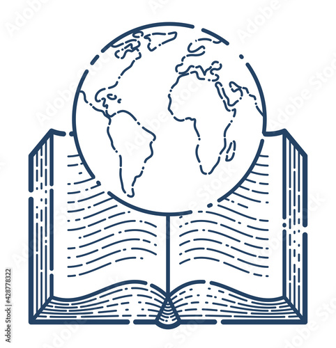 Open book with earth planet vector linear icon, geography or travel literature line art symbol or logo.