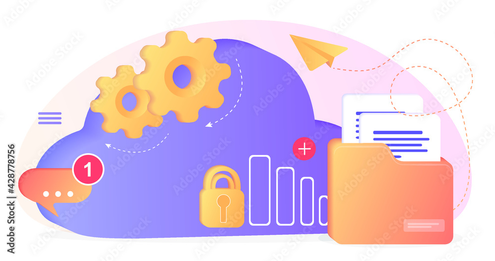 Fototapeta premium Database with cloud server, Data set, process, classification, database. Company process development structure. Data Center concept based. Business organization with circle gear mechanism. Web banner
