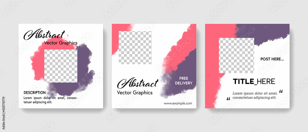 Trendy minimalistic social media layouts with vector watercolor backgrounds, purple and red elements, instagram and facebook templates for bloggers or influencers	