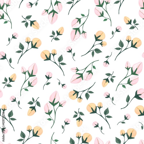 Delicate spring flowers and leaves. Seamless pattern. Botanical print for sandstone on fabric, paper, packaging. Isolated background. © iuvmiro