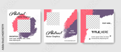 Trendy minimalistic social media layouts with vector watercolor backgrounds, purple and red elements, instagram and facebook templates for bloggers or influencers 