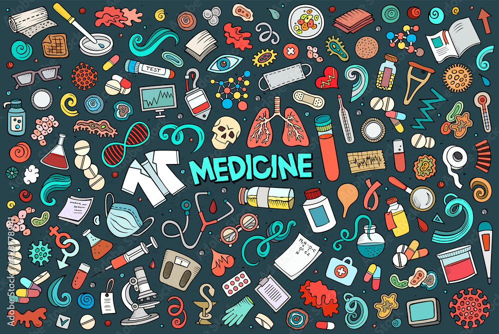 Cartoon set of medicine theme items, objects and symbols Cartoon set of medicine theme items, objects and symbols