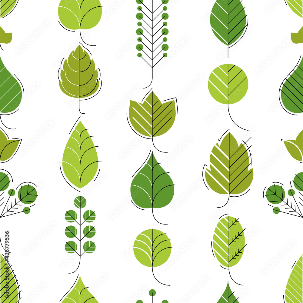 Stylish cartoon leaves seamless vector pattern, endless wallpaper or textile swatch with tree floral, green spring life theme. Stylish cartoon leaves seamless vector pattern, endless wallpaper or textile swatch with tree floral, green spring life theme.