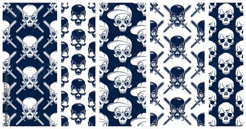 Black skulls seamless vector background set, endless pattern with horror death sculls, stylish wallpaper of hard rock culture music fashion theme, gothic image collection.