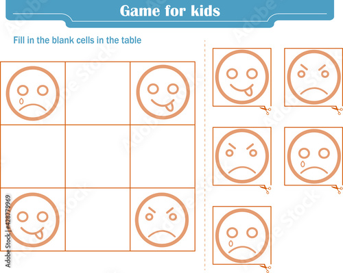  Logic game for children. Fill in the blank cells in the table so that in each row and column the element appears only once