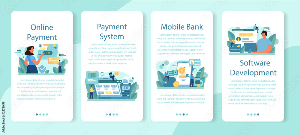 Payment system mobile application banner set. Website payment system