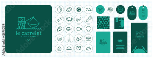 Logo pour restaurant, criée, poissonnerie, producteur, marché, grossiste de produits de la mer, vivier, poisson, coquillage, crustacés