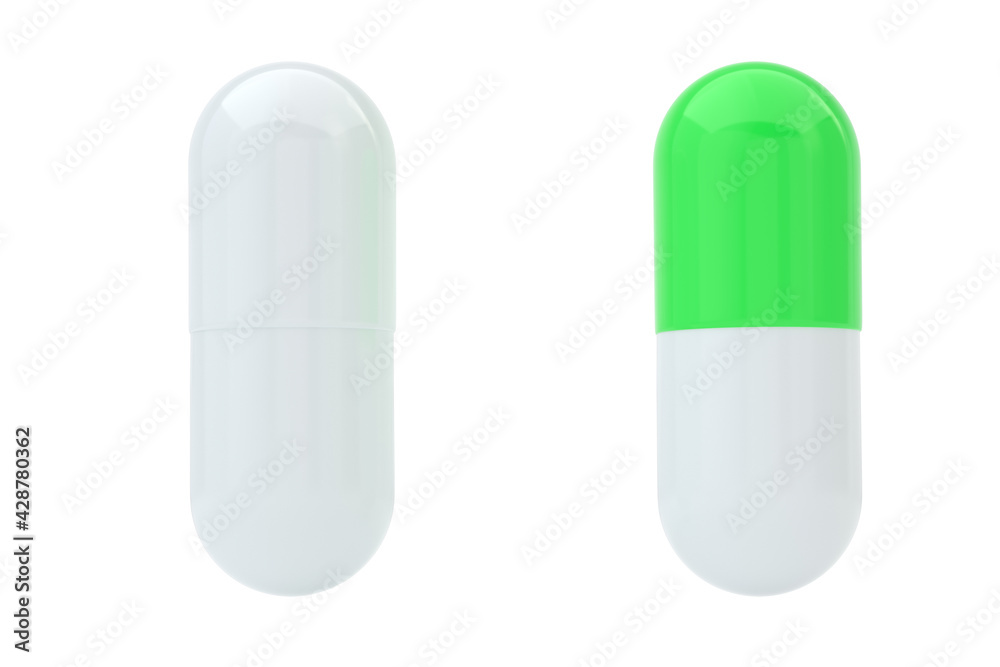 Two big pill isolated on white background. 3D illustration. Two big pill isolated on white background. 3D illustration.