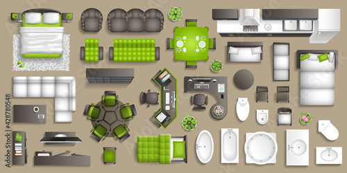 Vector set. Furniture for the bedroom, living room, kitchen, office, bathroom. Top view. Double bed, desk, sofa, wardrobe, bath, sink, chair. View from above.