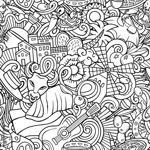 Cartoon doodles Spain seamless pattern. Backdrop with Spanish culture items