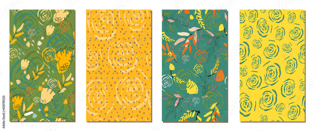 Collage contemporary floral and polka dot shapes pattern set.Yellow and ...