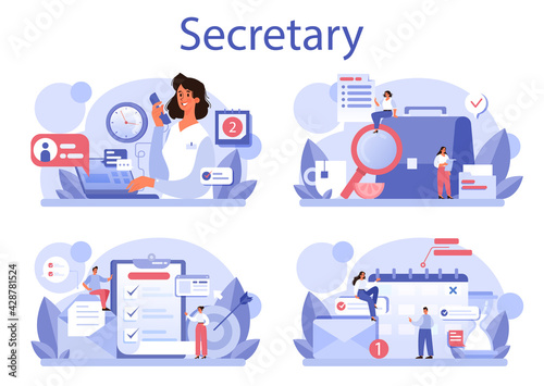 Secretary concept set. Receptionist answering calls and assisting