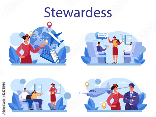 Stewardess concept set. Flight attendants help passenger in airplane