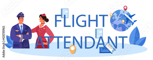 Flight attendant typographic header. Stewardess help passenger