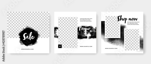 Abstract social media layouts with black brush smudges, creative web templates for bloggers and influencers, Sale graphic design for vendors and e-shops