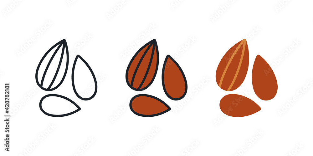 Almond icon. Linear color flat icons of nuts, contour, shape, outline isolated on white. Thin line. Modern design. Vector set. Healthy food and vitamins Almond icon. Linear color flat icons of nuts, contour, shape, outline isolated on white. Thin line. Modern design. Vector set. Healthy food and vitamins
