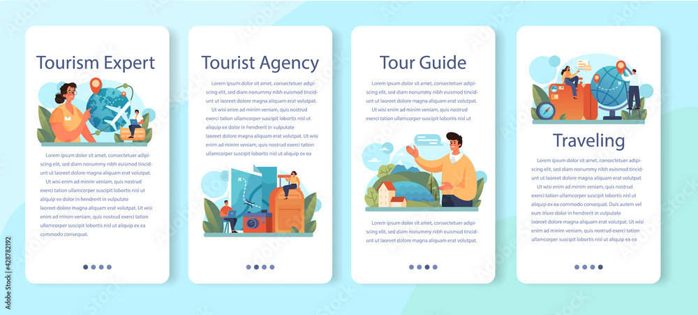Tourism expert mobile application banner set. Travel agent selling tour,