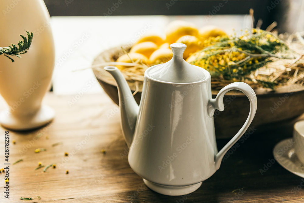 Lemons on the table. Tea with lemon. Healthy eating. Lemons on the table. Tea with lemon. Healthy eating.
