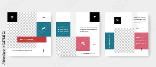 Clean and elegant social media layouts with basic geometrical shapes and red accent, square web banners for web, modern fashion templates for vendors