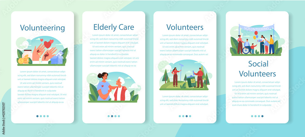 Volunteer mobile application banner set. Charity community support