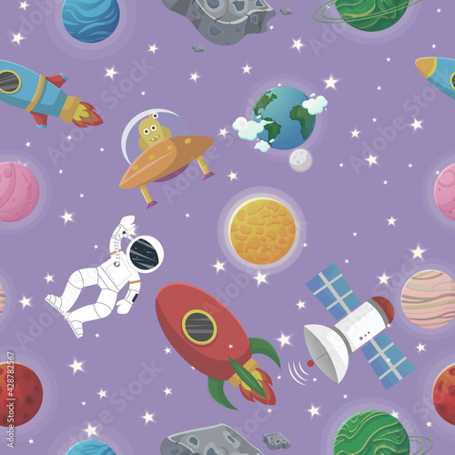 Cosmic fabric for kids. Astronaut with rocket and © Begin Again