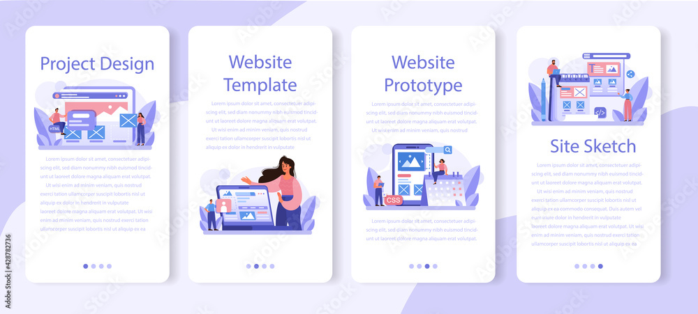 Website prototyping mobile application banner set. Web page modeling