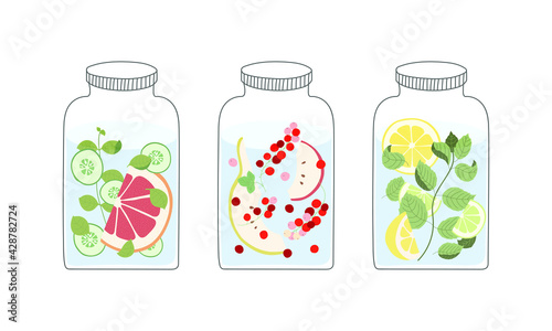Infused water with fruits, berries, herbs and vegetables in glass jars. Detox and refreshment drink concept. Isolated vector illustration.