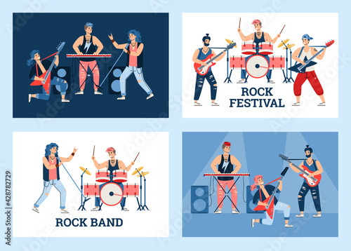 Rock festival or Rock band concert banners set cartoon vector illustration.