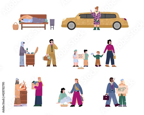 Poor homeless man, woman and kids begging money from rich persons.