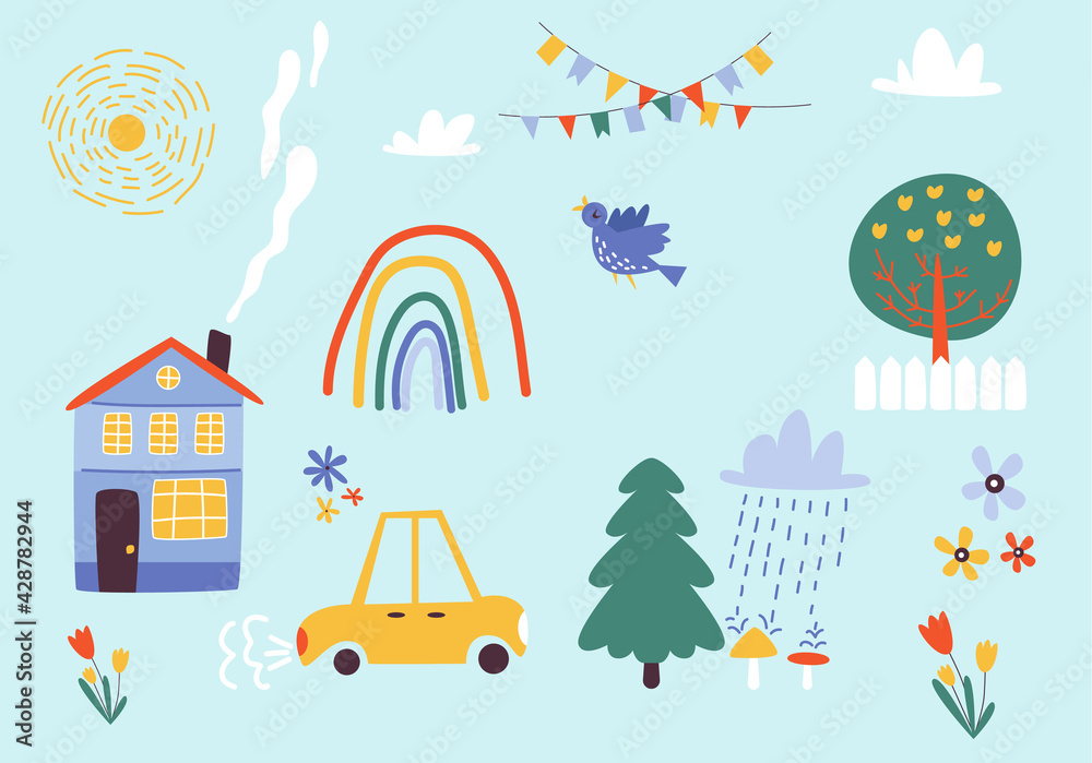 Hand drawn childish painting with house and car, flat vector illustration.